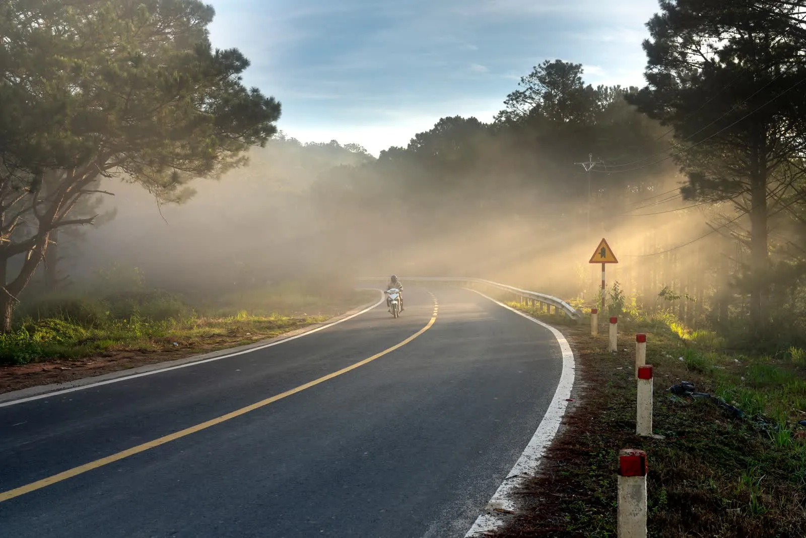 A lone motorcyclist riding along a foggy highway at dawn.
